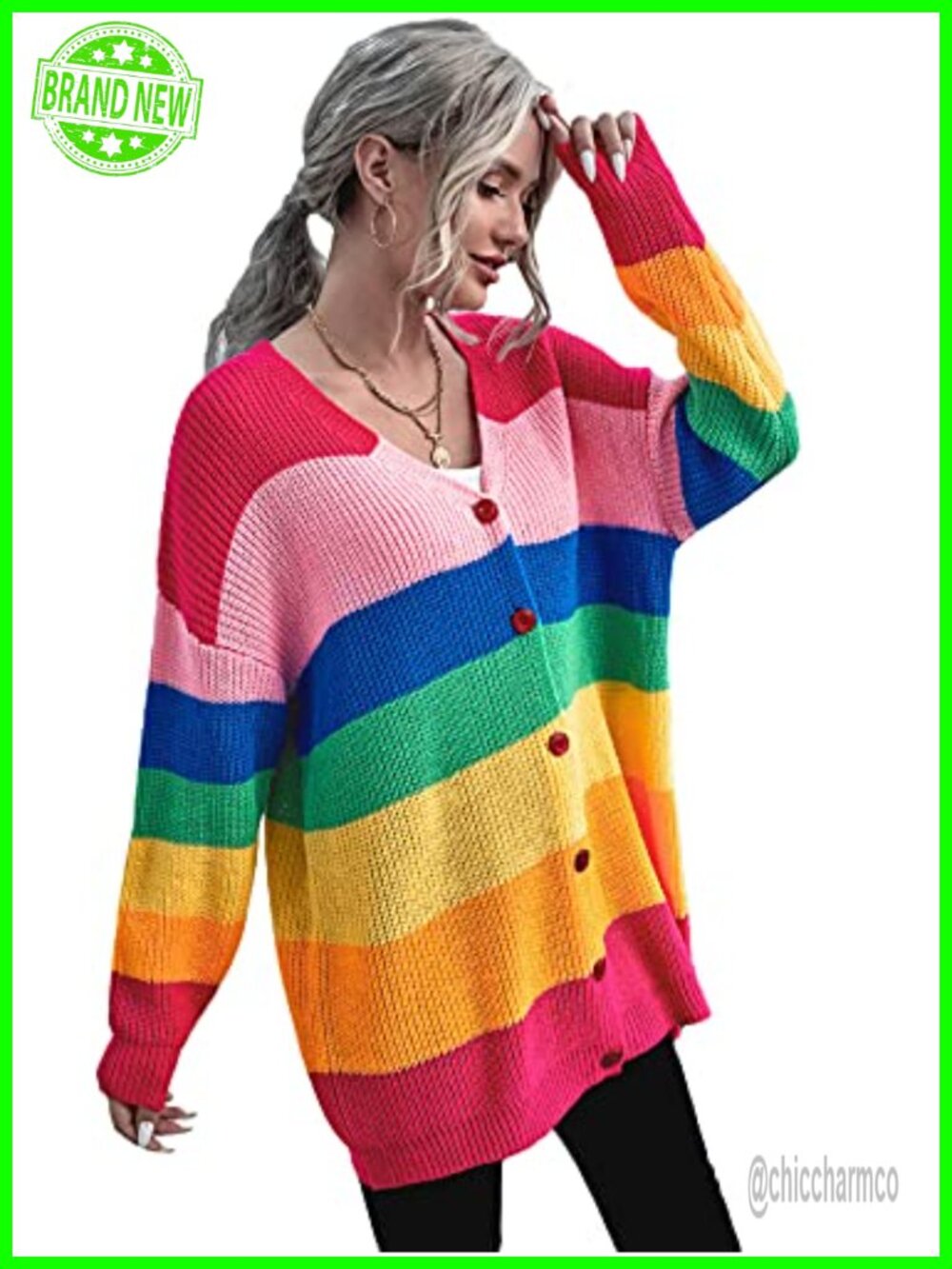 Striped Button Front Long Sleeve Cardigan Sweater Oversized V Neck